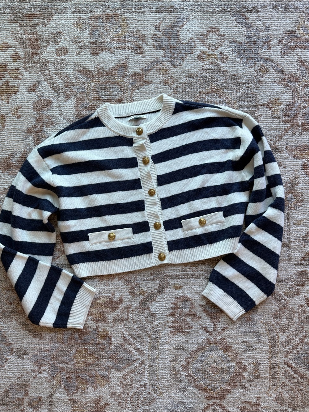 American Eagle Outfitters Navy and Cream Striped Cardigan with Gold Buttons